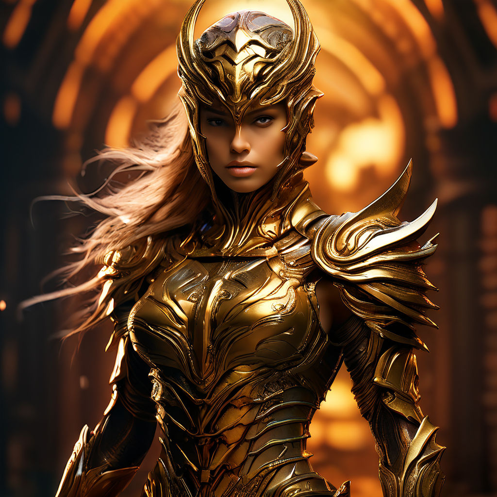 Make a female full body fantasy character design with golden armour