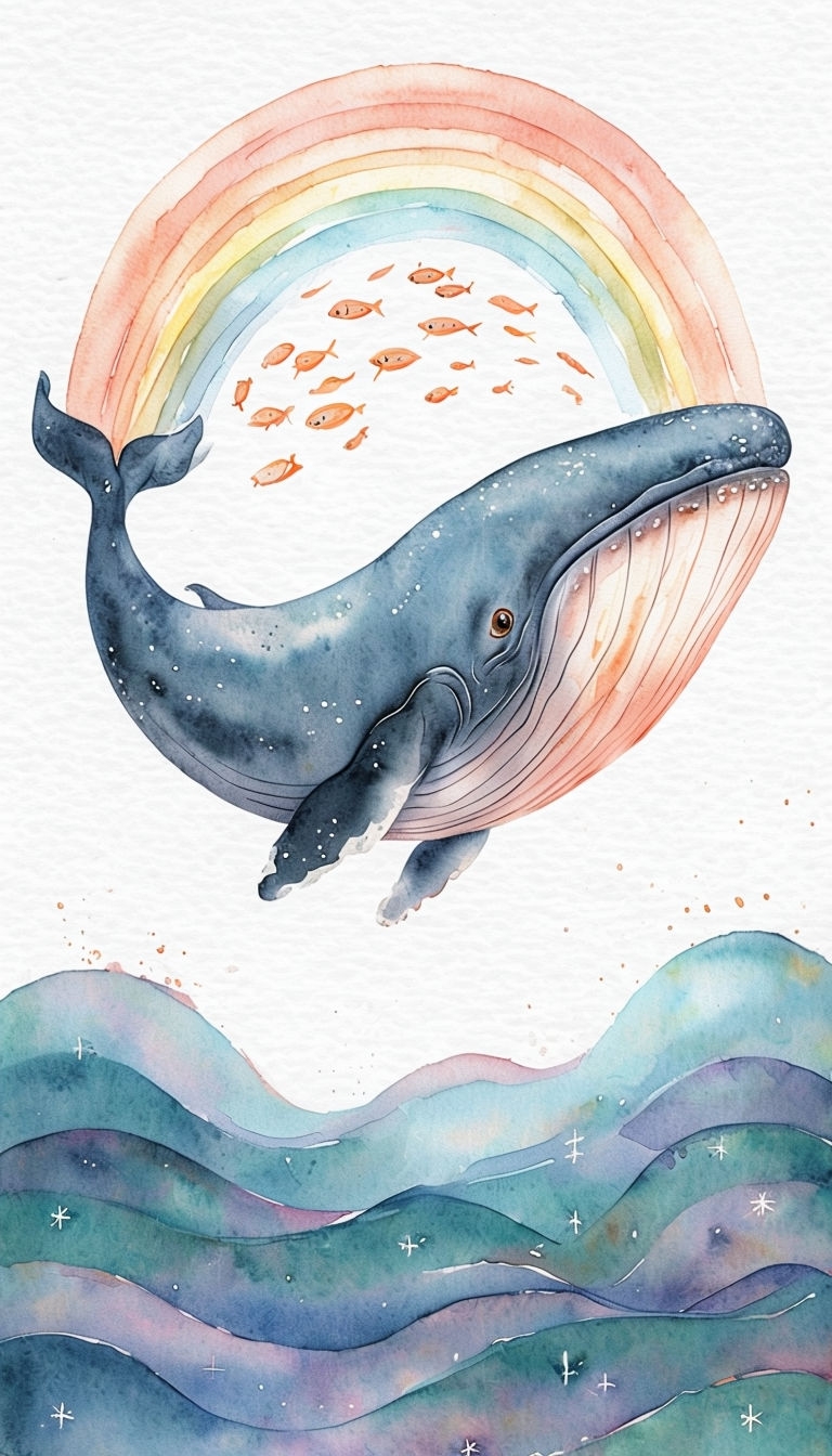 Whimsical Blue Whale and Rainbow Watercolor Mobile Wallpaper