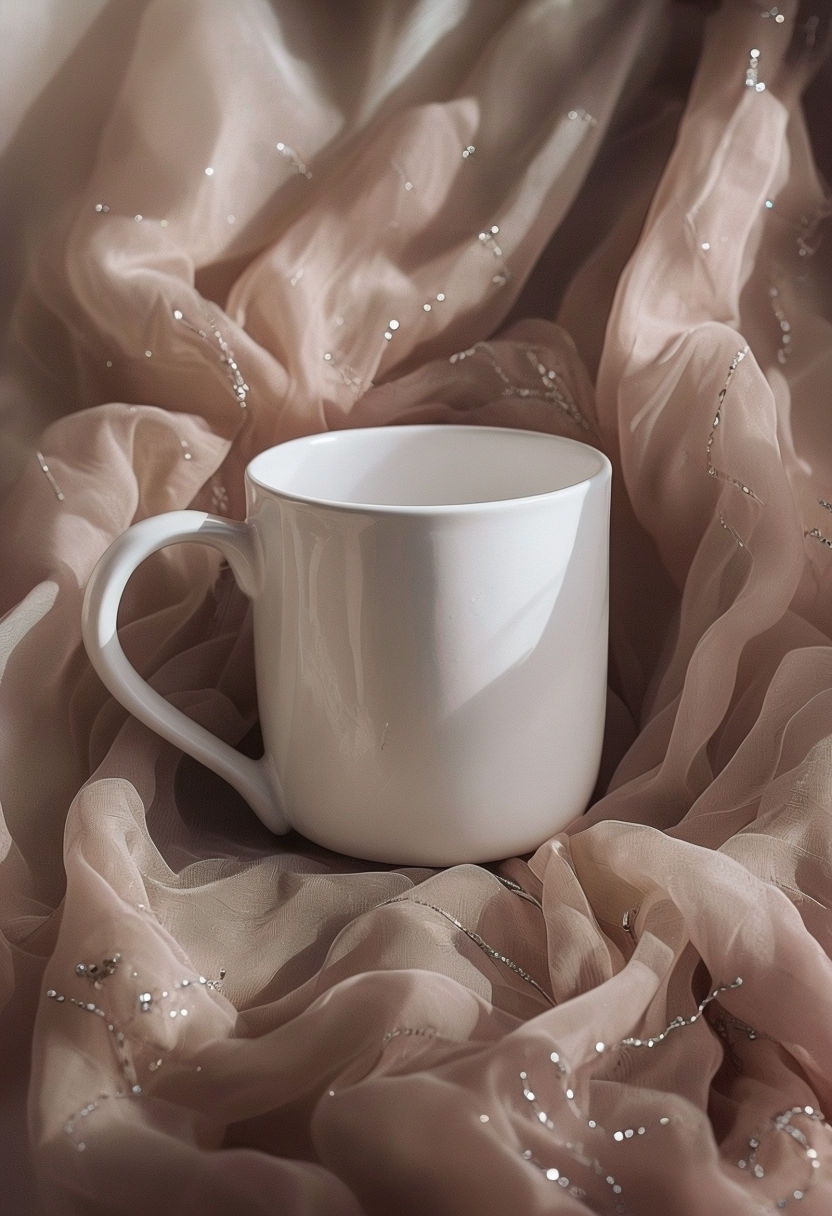 Elegant White Ceramic Mug with Dusty Rose Fabric Background Mockup