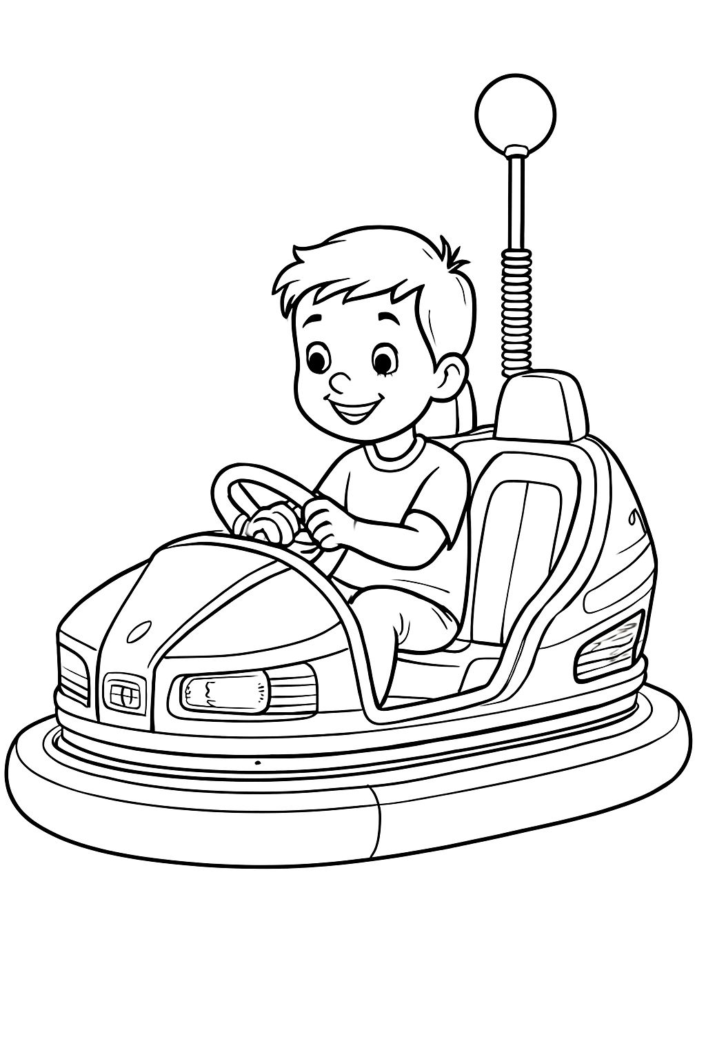 Happy Boy Riding Bumper Car Line Drawing for Coloring Book Pages