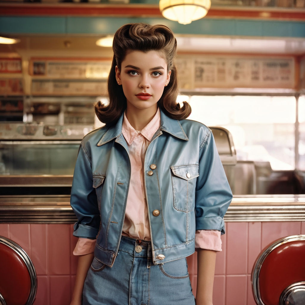 Teen in rockabilly pinup dress. Short dress. Bending over to Pick up a  handkerchief. 50s diner. Full body