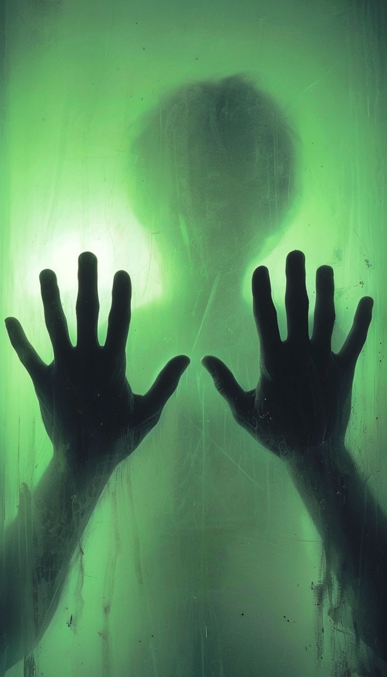 Eerie Silhouette of Hands Against Glowing Green Surface Mobile Wallpaper