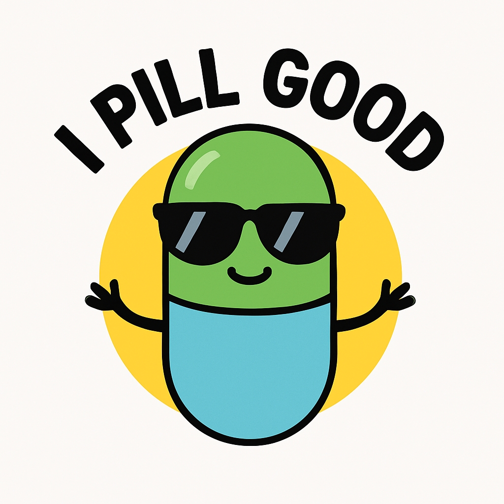 Cheerful Cartoon Pill Character with Sunglasses Sticker