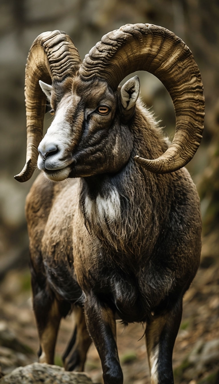 Majestic Close-Up of a Ram in a Serene Woodland Setting Mobile Wallpaper