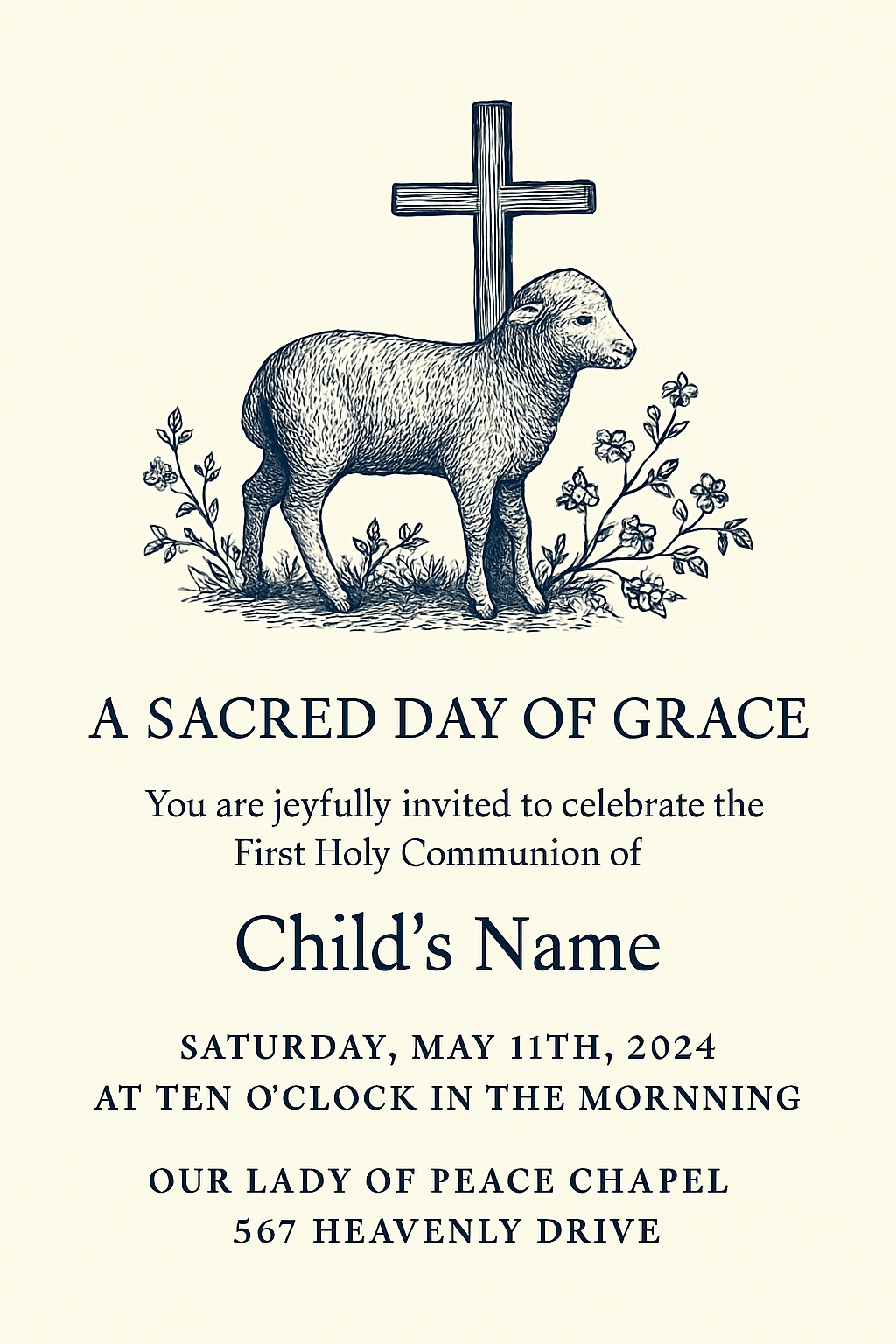 Elegant First Holy Communion Invitation with Lamb Illustration Card