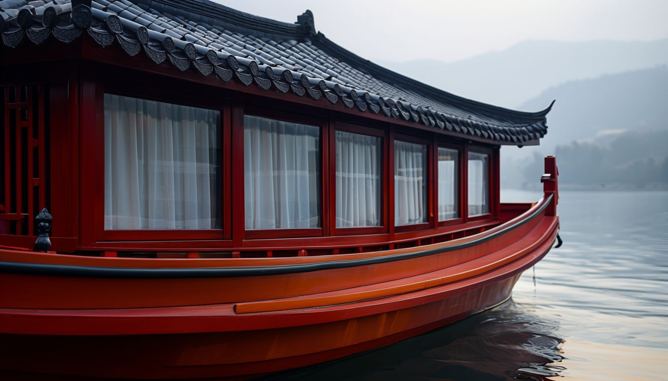 Vibrant Red Wooden Boat Close-Up Photograph for Virtual Backgrounds