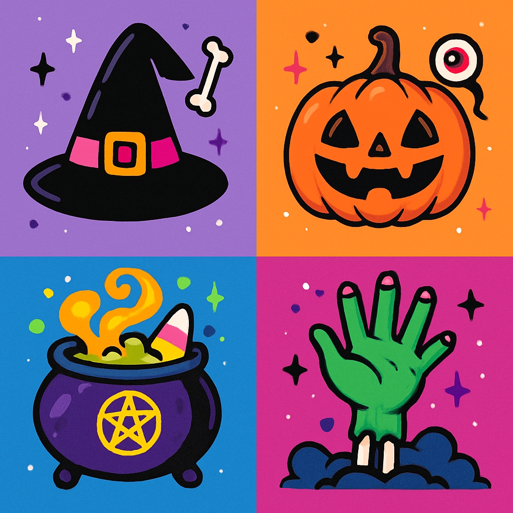 Vibrant Halloween-Themed Cartoon Elements in Four Quadrants Pattern