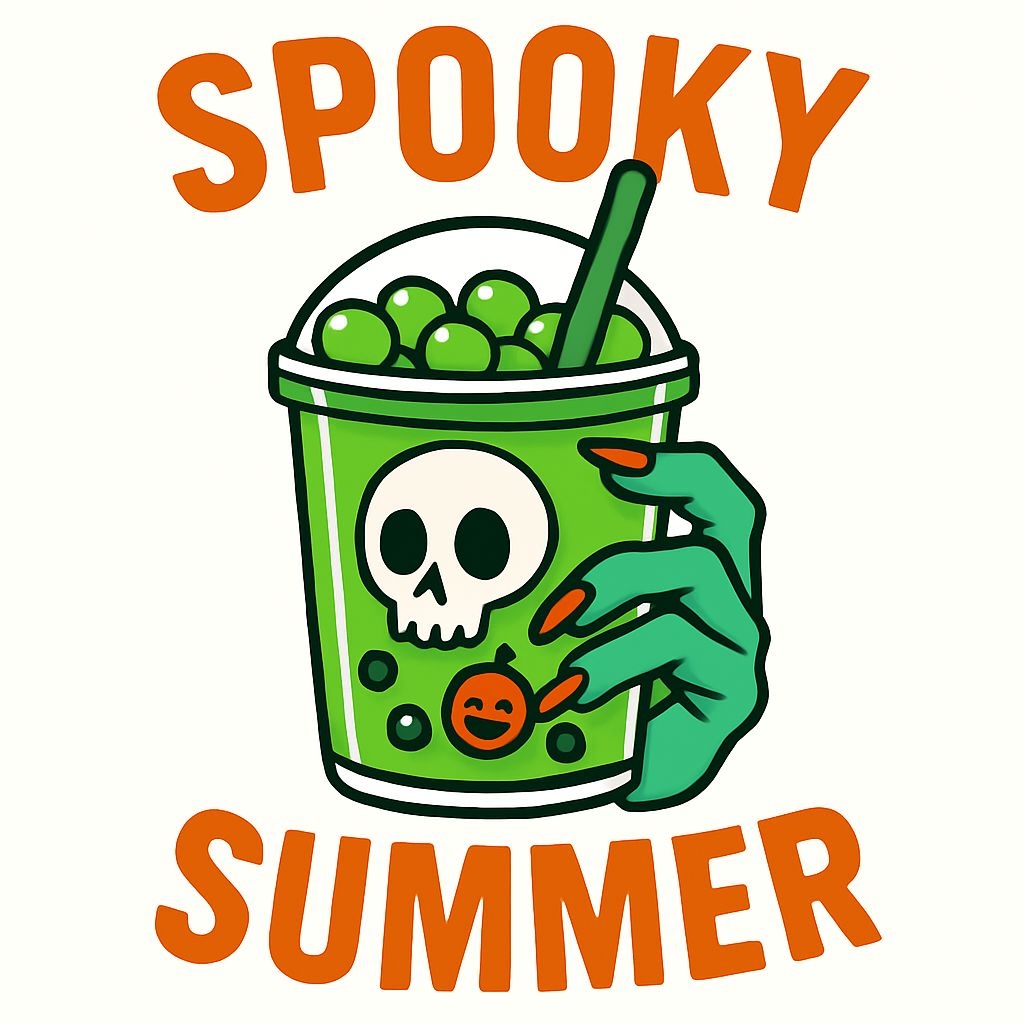 Spooky Summer Green Cup Illustration with Skull and Pumpkin Sticker