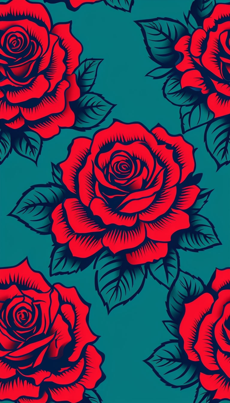 Intricate Red Roses Tattoo Pattern on Teal Phone Case Cover