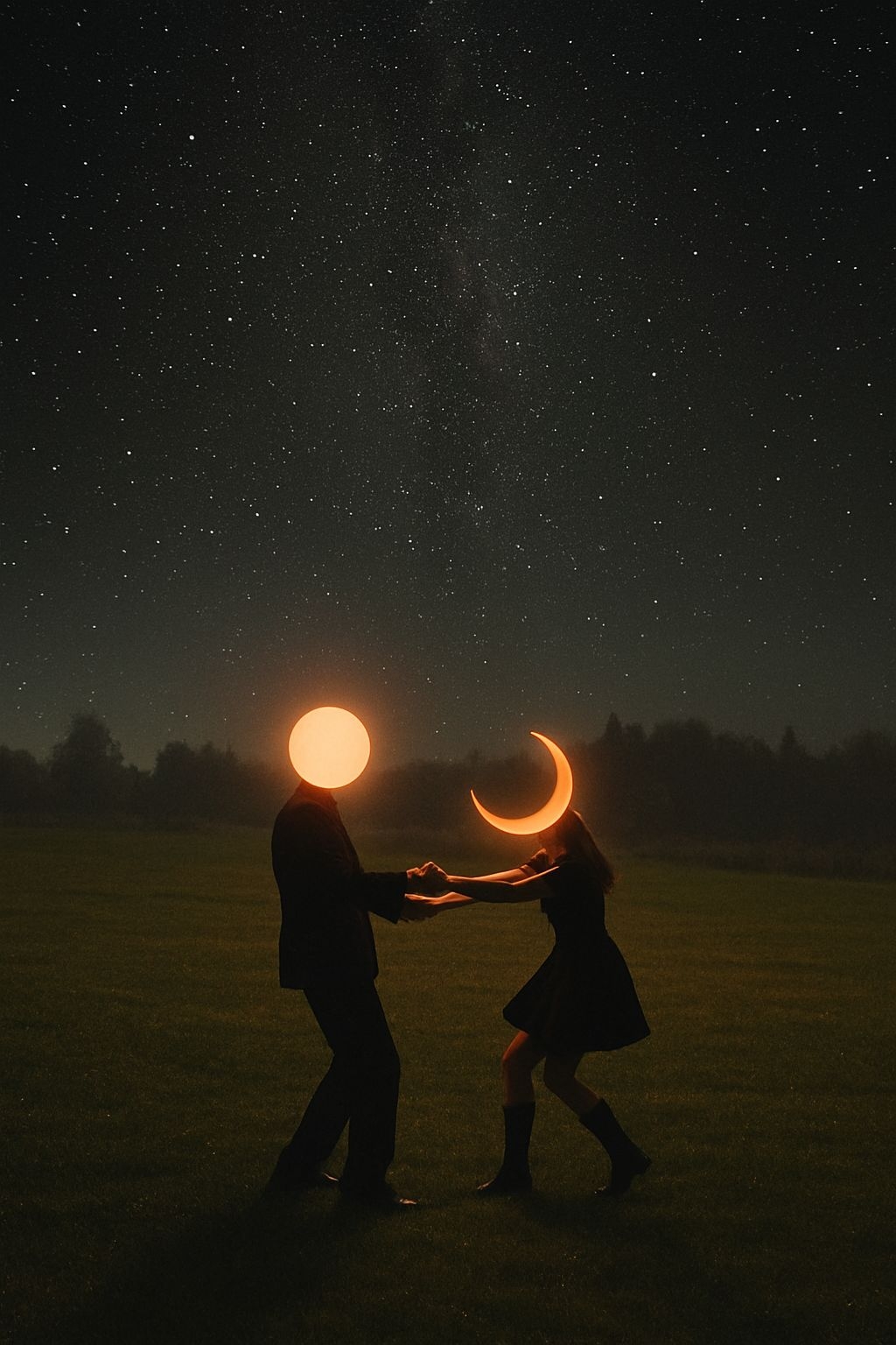 Surreal Dance Under Starry Sky with Illuminated Figures Art