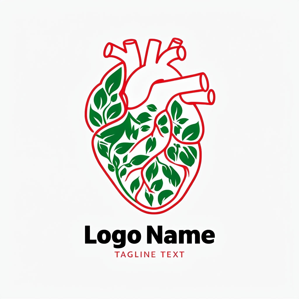 Minimalist Anatomical Heart Logo with Green Leaf Patterns