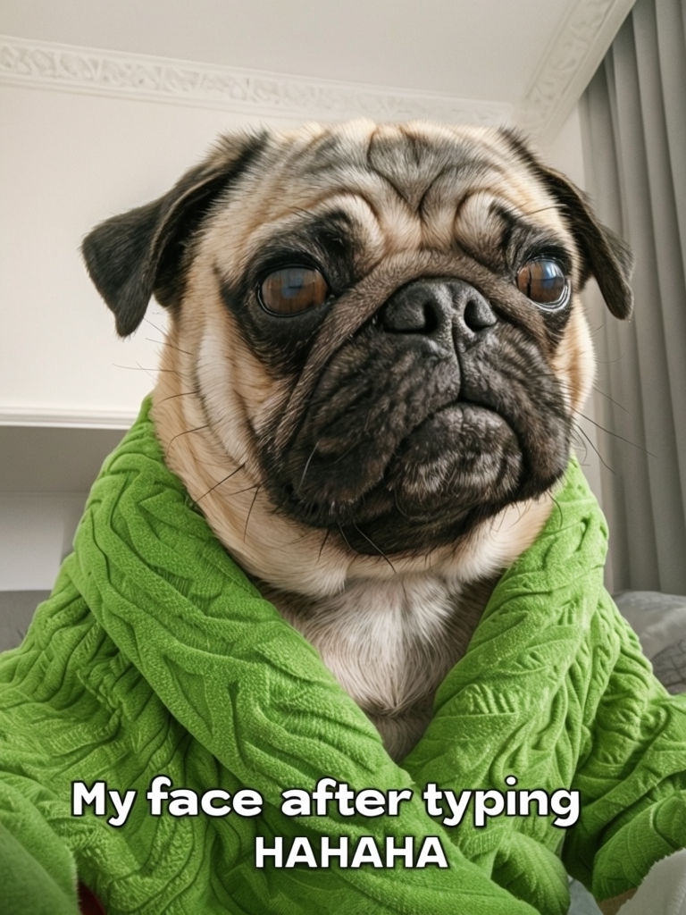 Serious Pug in Green Robe with Humorous Text Meme