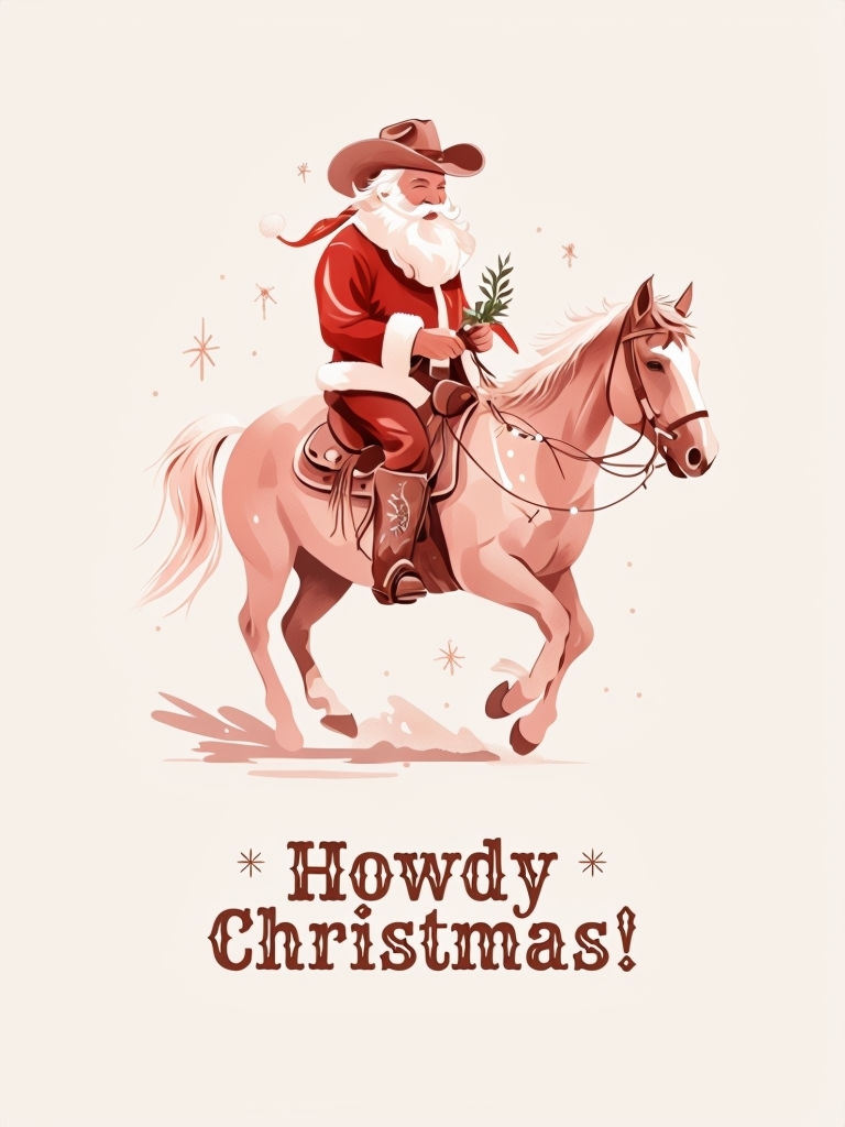 Festive Western Santa on Horseback with "Howdy Christmas!" Card