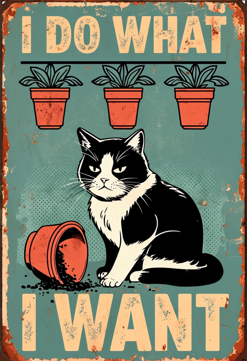 Defiant Tuxedo Cat with Potted Plant Vintage Humorous Poster