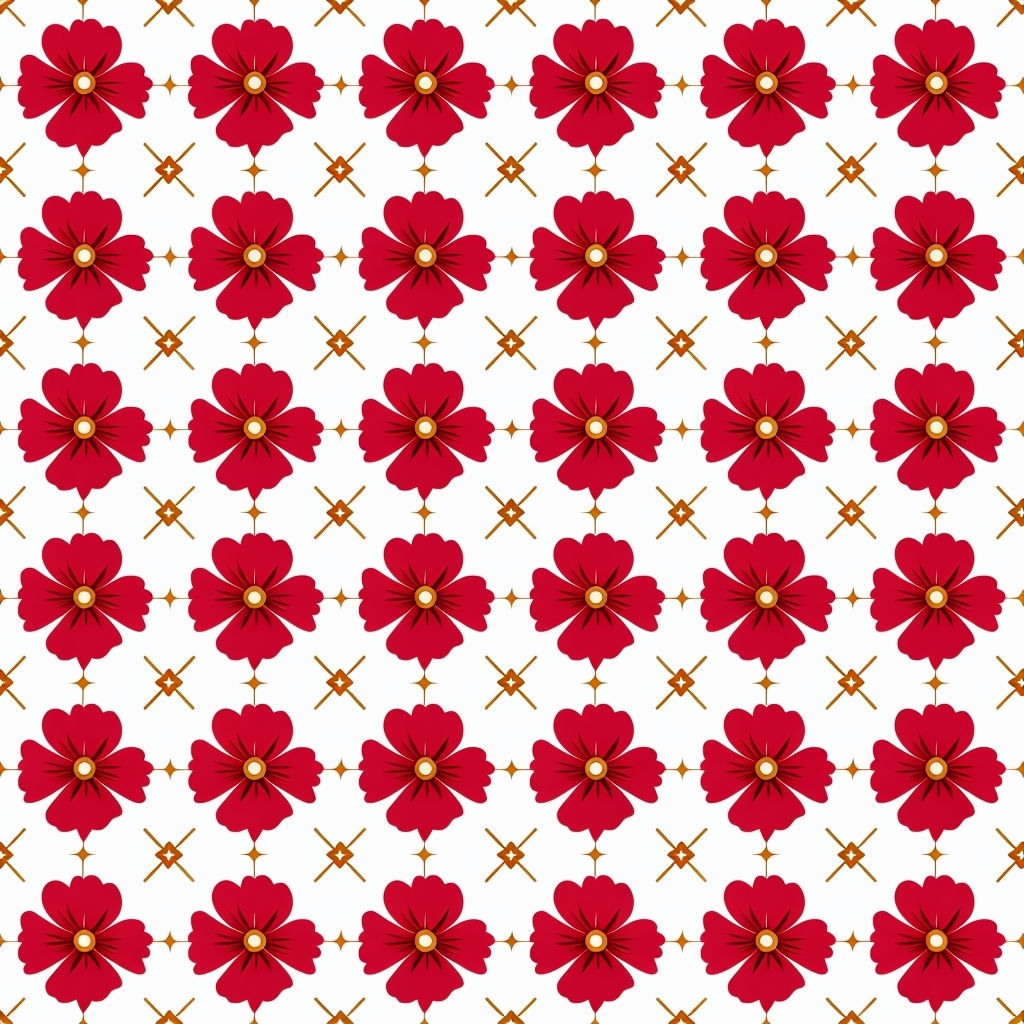 Crimson Red Flowers with Gold Accents Seamless Pattern