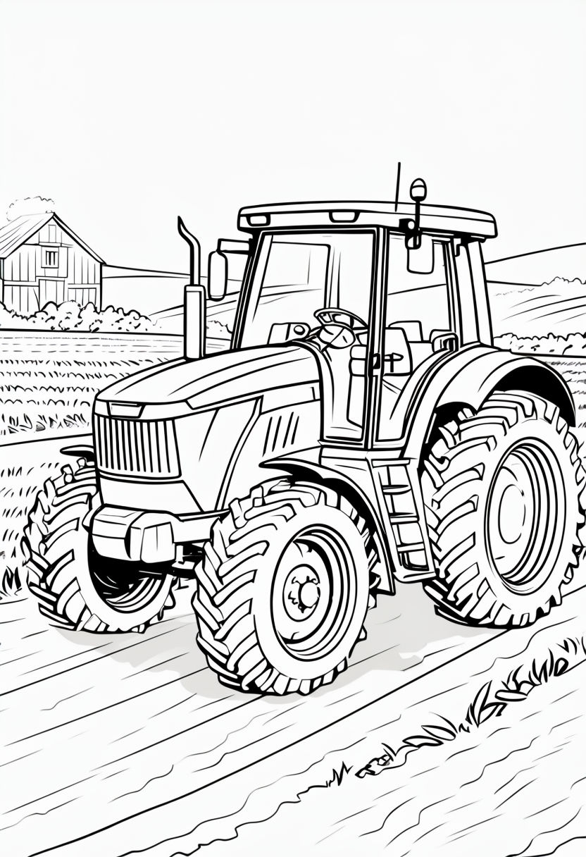 Black and White Tractor Line Drawing Art