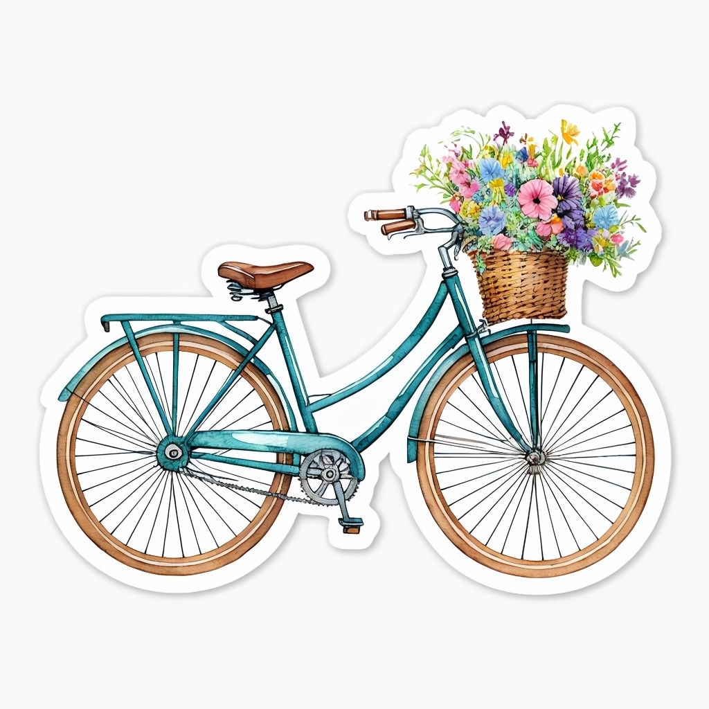 Vintage Teal Bicycle with Flower Basket Watercolor Sticker