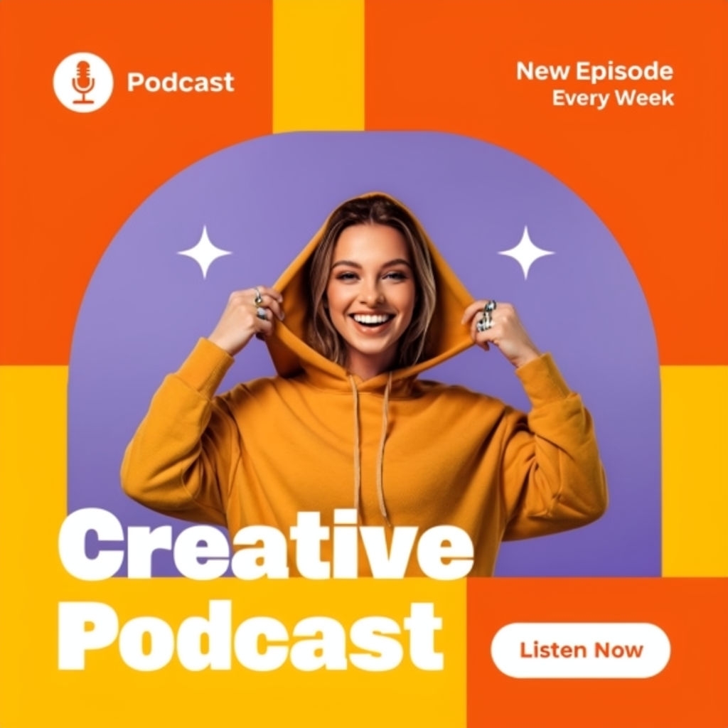 Vibrant Creative Podcast Promotional Graphic for Engaging Listeners Ads