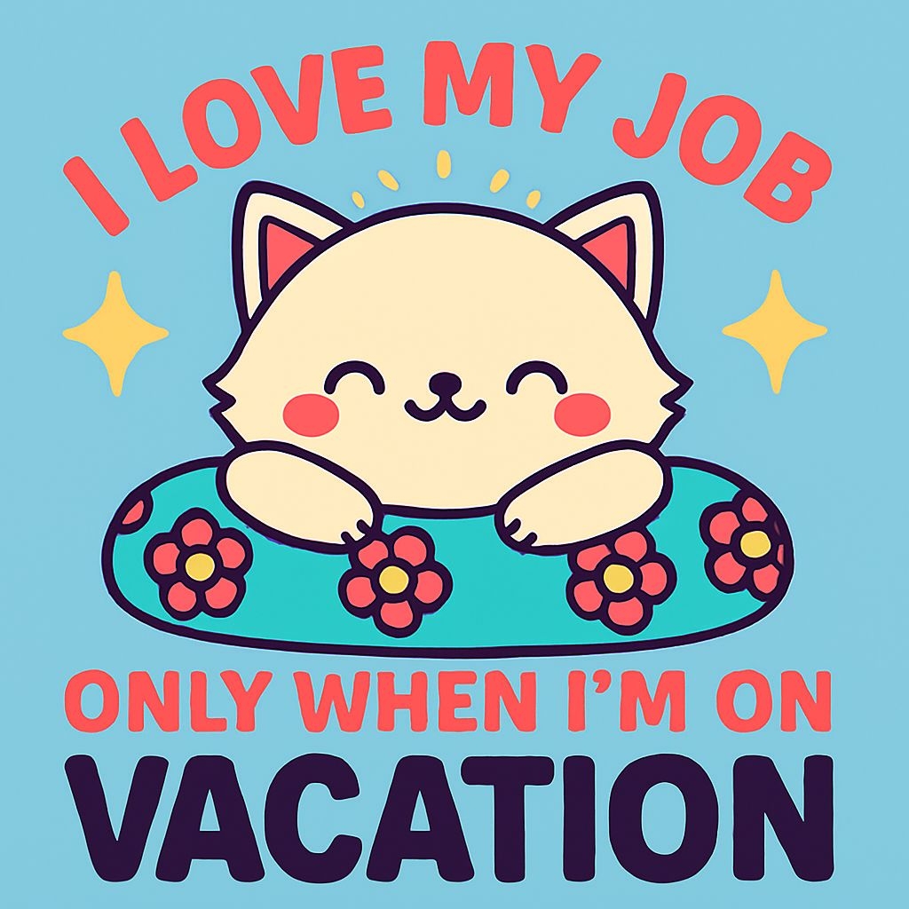 Cheerful Cat Illustration with I Love My Job Vacation T-Shirt