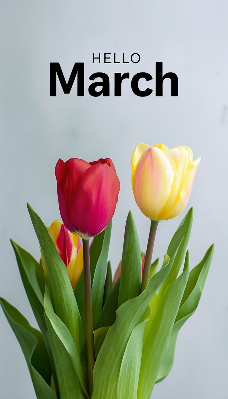 Vibrant Tulip Bouquet with Hello March Typography Mobile Wallpaper
