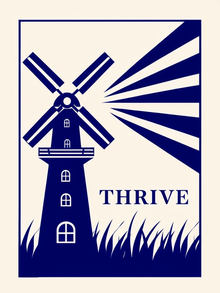 Minimalist Navy Blue Windmill Illustration with Thrive Text Poster