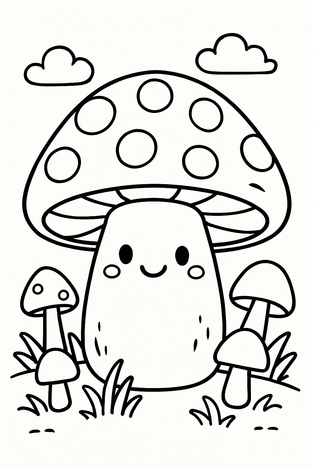 Cute Cartoon Mushroom Family Line Drawing Coloring Book Pages