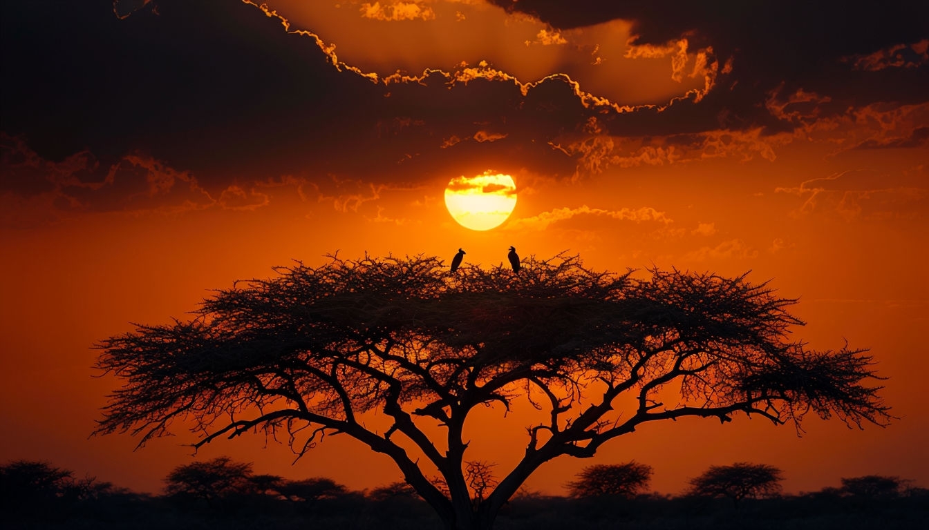Serene African Sunset with Acacia Tree Silhouette Background