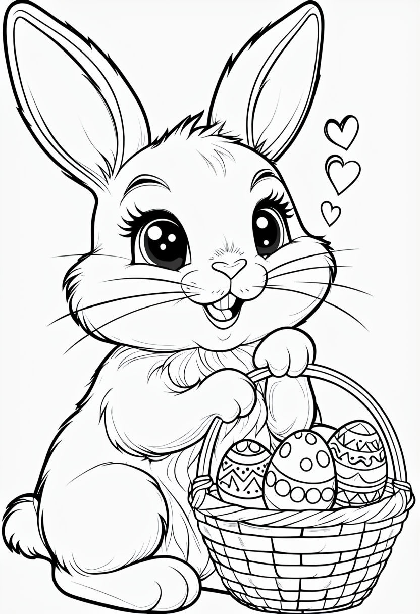 Adorable Cartoon Bunny with Basket and Easter Eggs Coloring Page