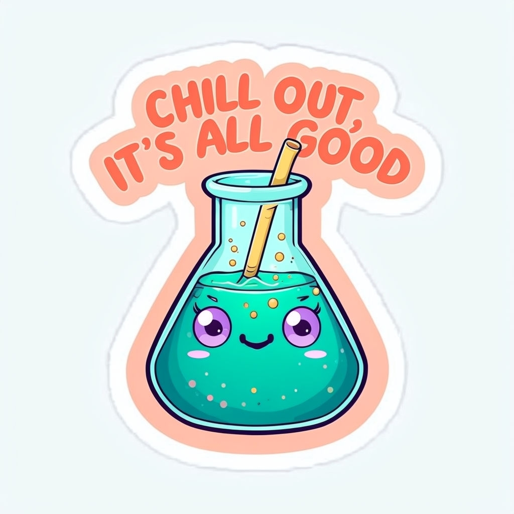 Playful Cartoon Beaker Sticker with "Chill Out, It's All Good"