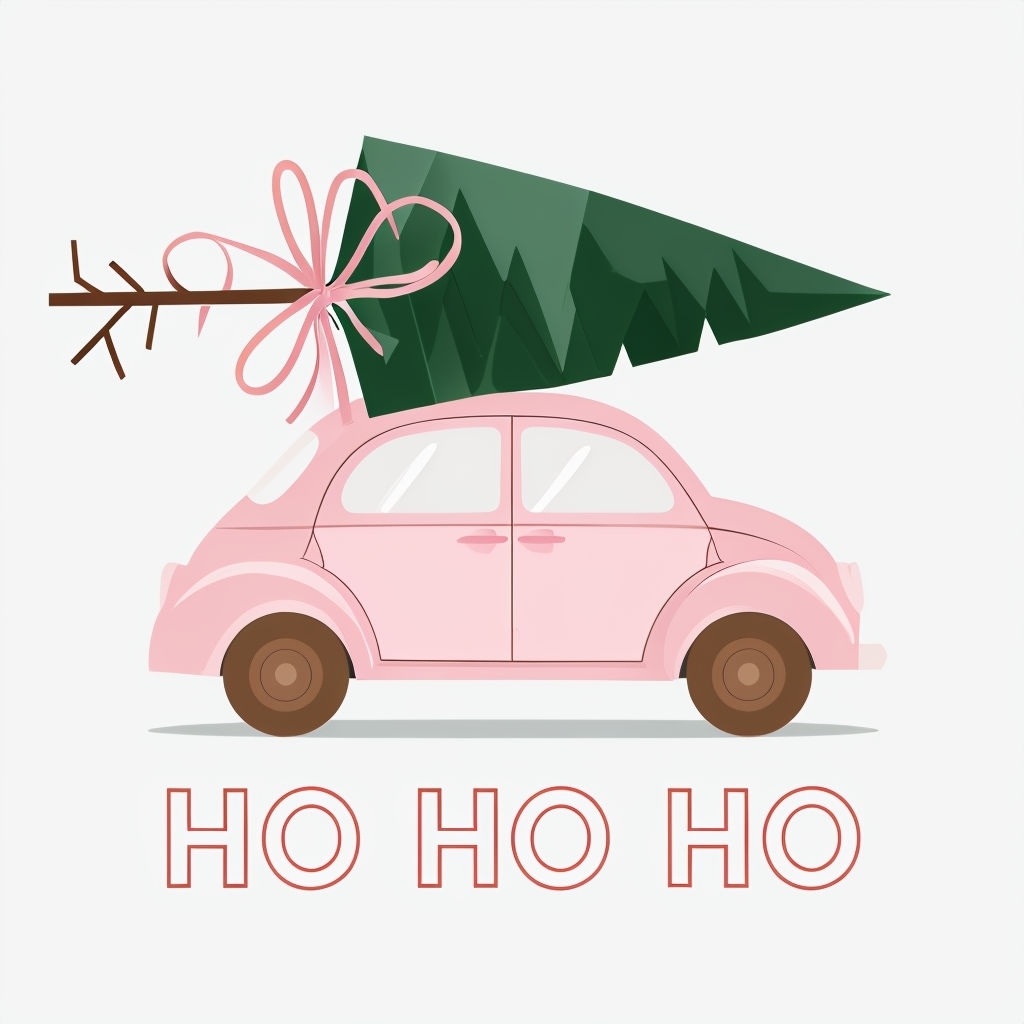 Festive Pink Vintage Car with Christmas Tree Illustration Art