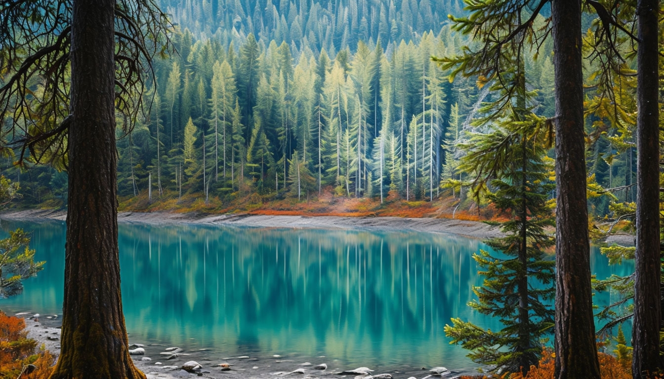 Tranquil Evergreen Forest with Reflective Turquoise Lake Background
