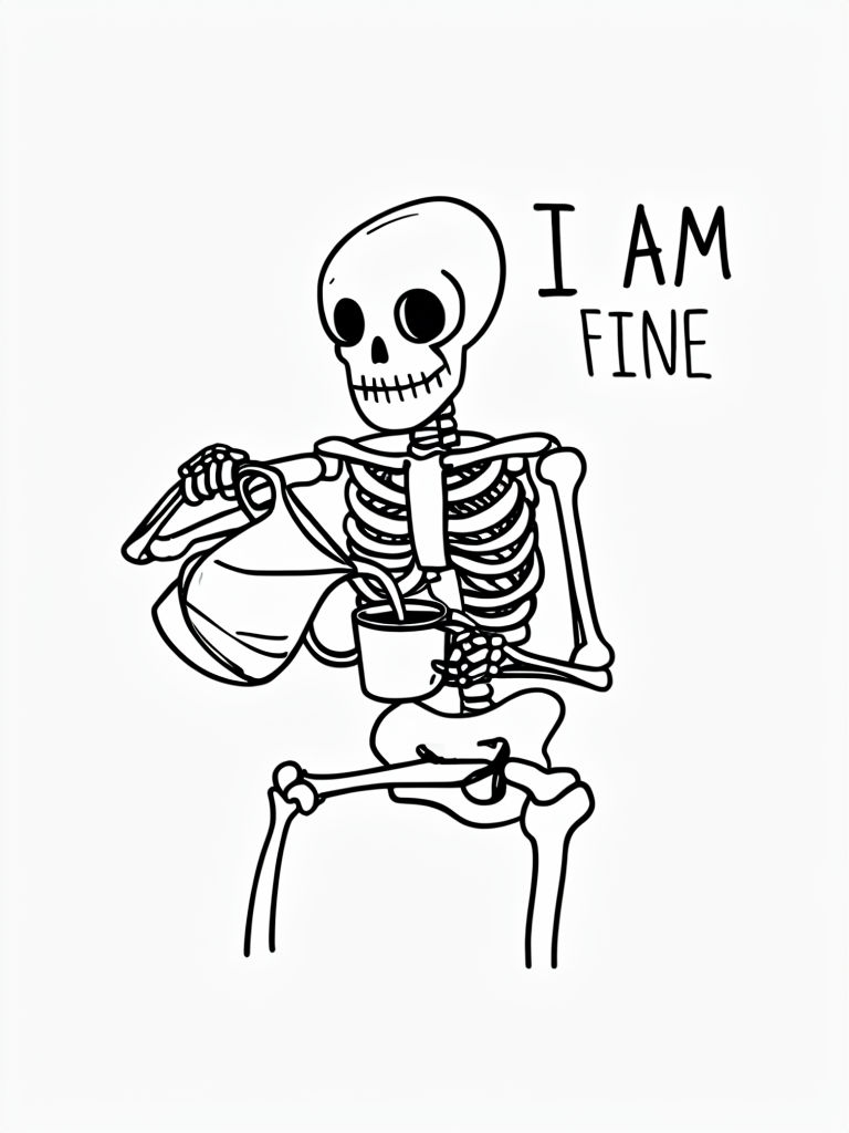 Humorous Minimalist Skeleton Pouring Coffee Illustration Poster