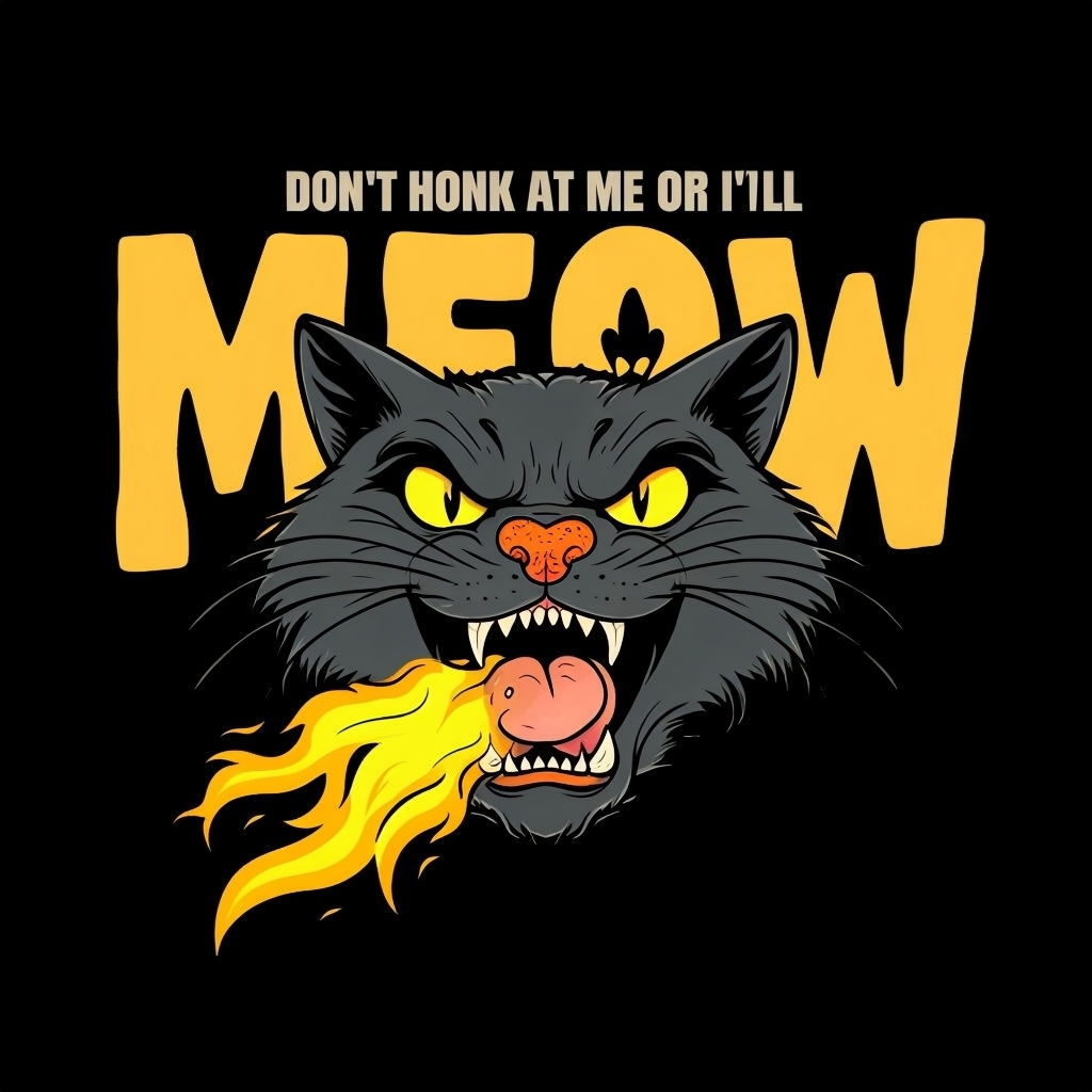 Fierce Cartoon Black Cat with Flame and Humor T-Shirt