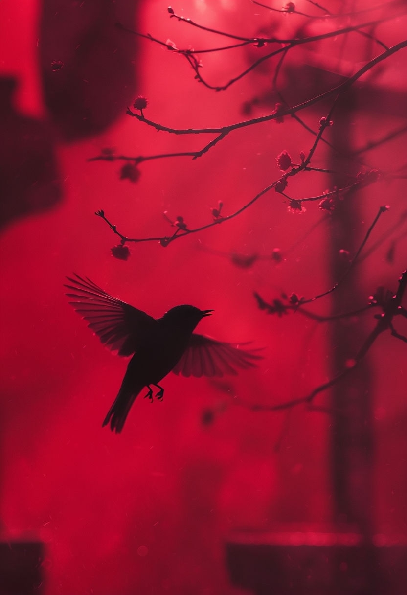 Ethereal Bird in Flight Against Crimson Background Art