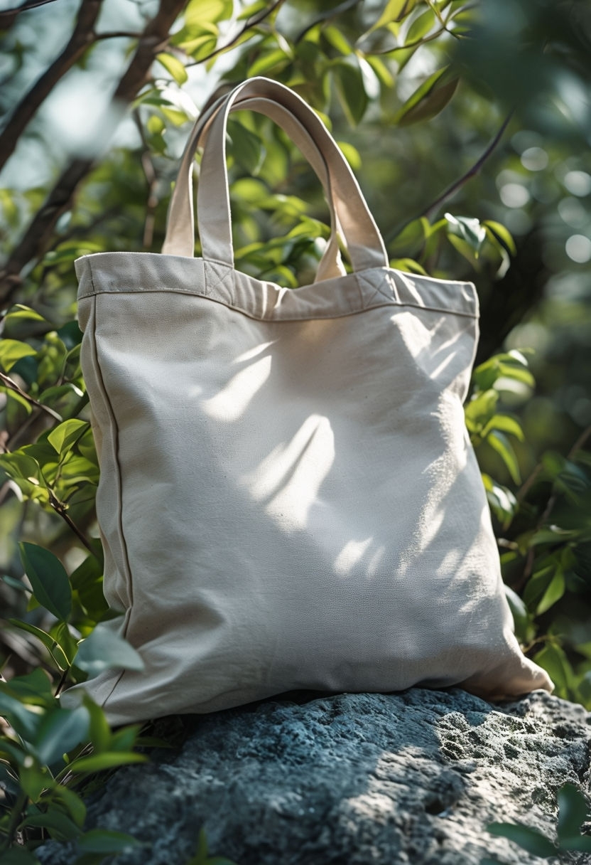 Photorealistic Natural Canvas Tote Bag Mockup in Outdoor Setting