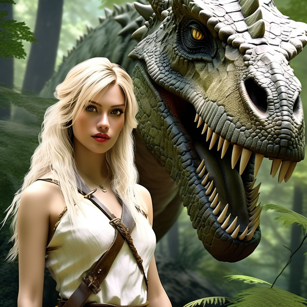 a beautiful stone age woman loving a tyrannosaurus rex