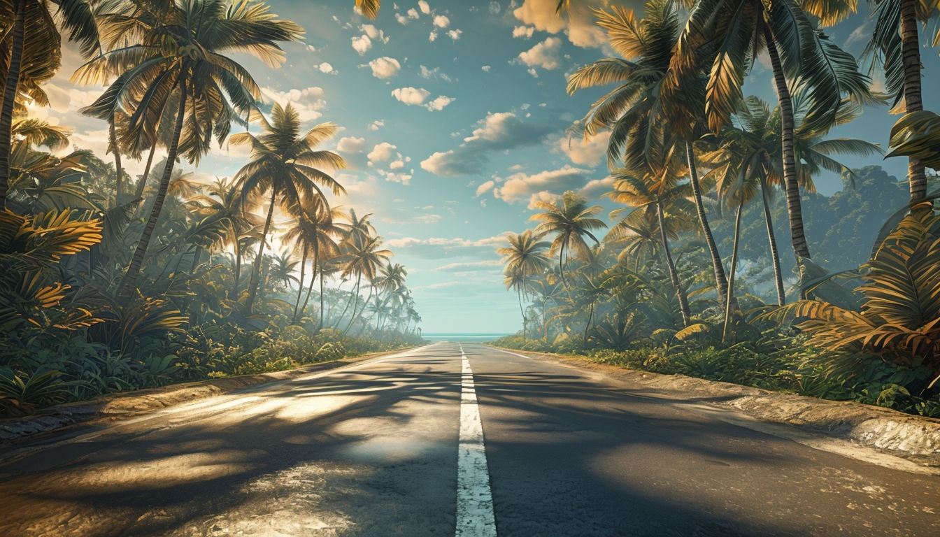 Serene Tropical Landscape with Palm Trees and Road Virtual Background