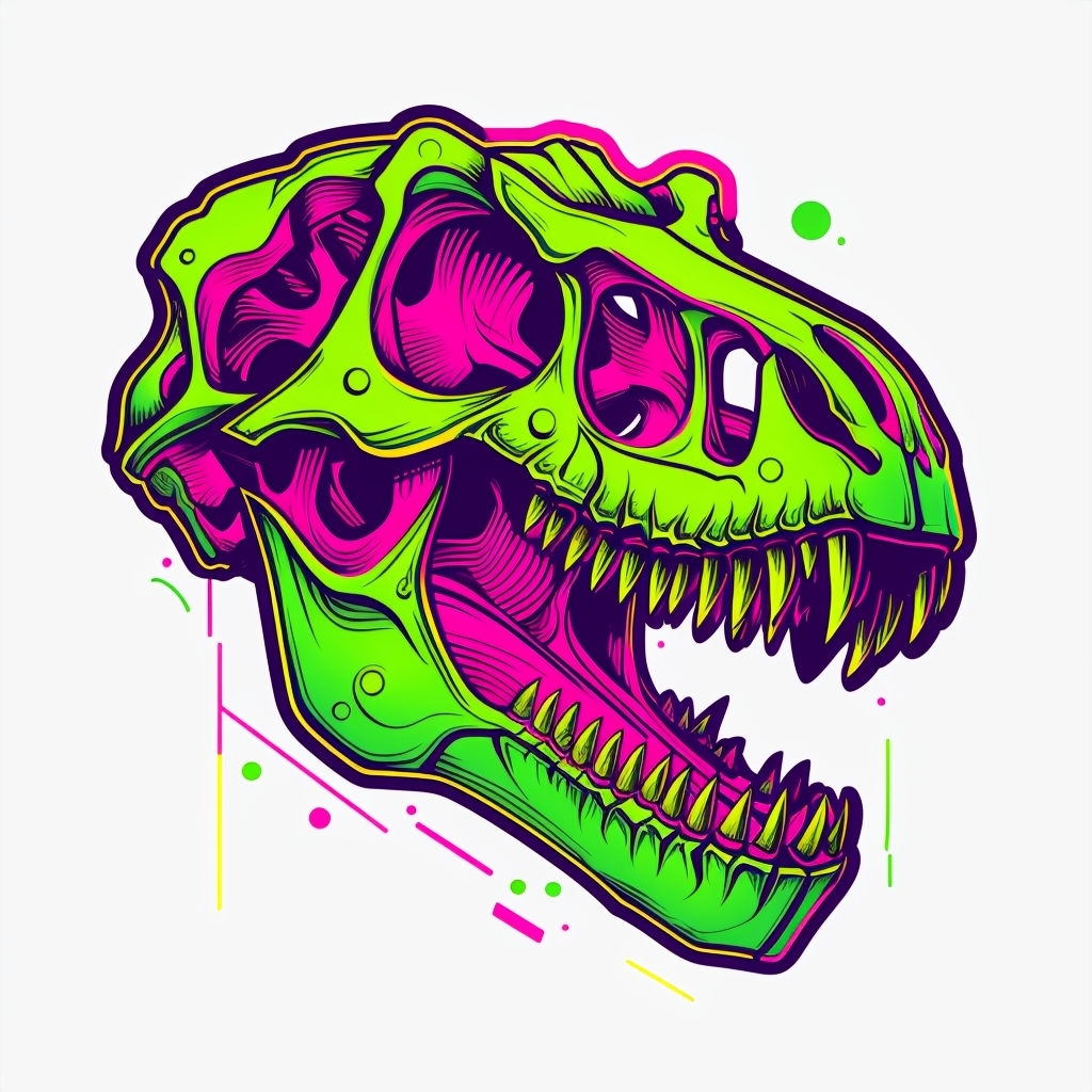 Vibrant Neon Dinosaur Skull Illustration Sticker
