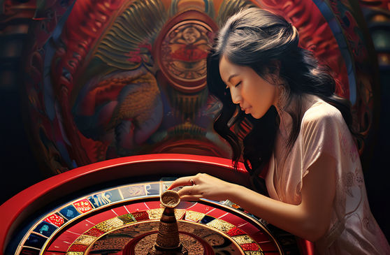 Sign portraying a roulette wheel with intricate carvings influenced by traditional Asian motifs, capturing a woman with distinct East Asian features standing contemplatively beside the wheel, bets placed in the shape of various cultural symbols, background draped in vibrant red silk, soft ambient lighting highlighting the textures, natural light, highly detailed, digital painting.