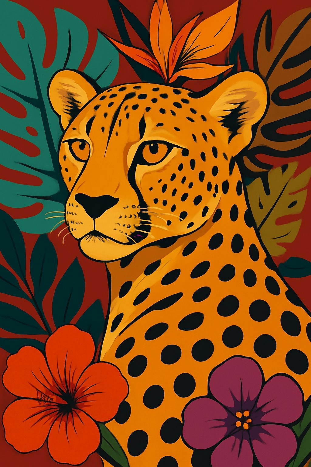 Majestic Cheetah Surrounded by Tropical Flora Digital Art Illustration
