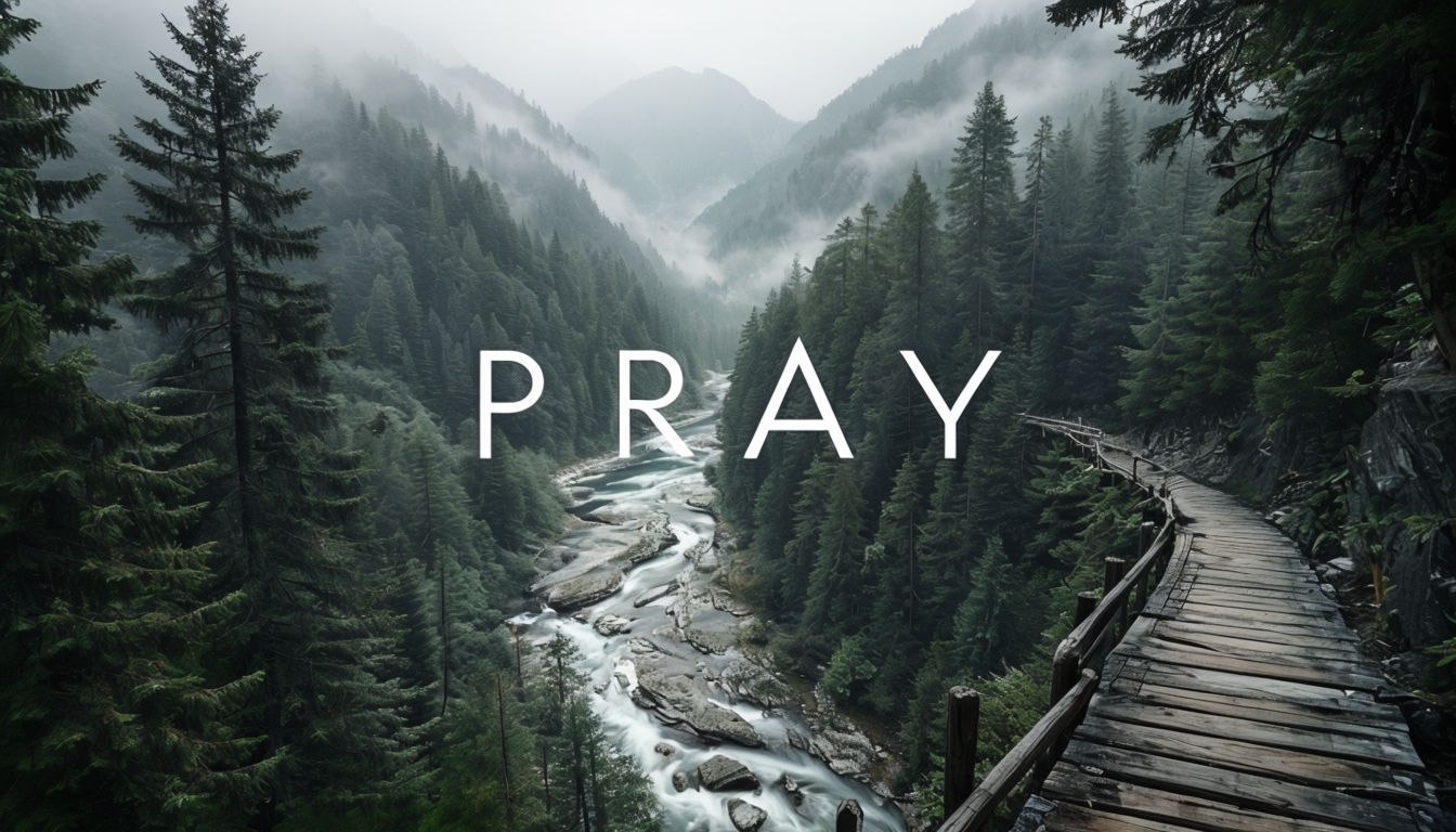 Serene Evergreen Forest Landscape with 'PRAY' Text Social Media Post