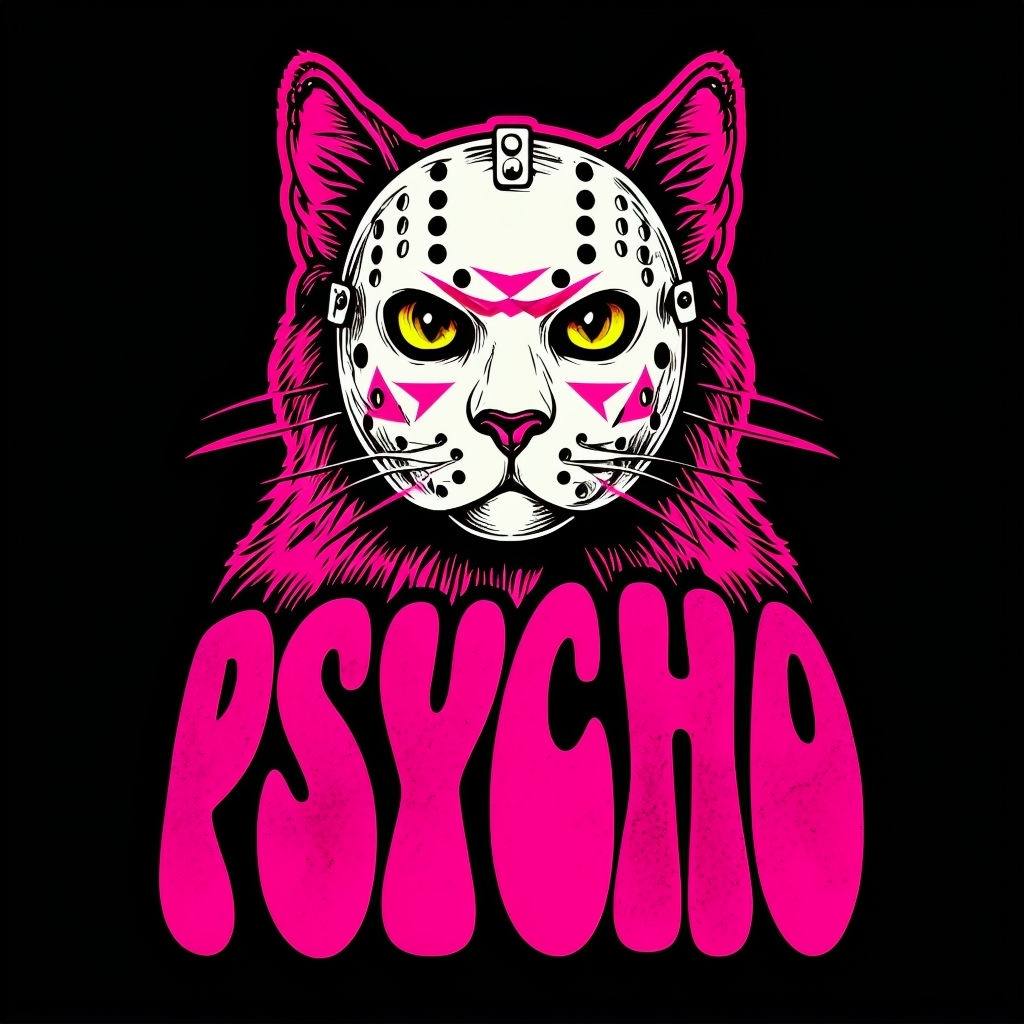 Psycho Cat with Hockey Mask Retro Art T-Shirt