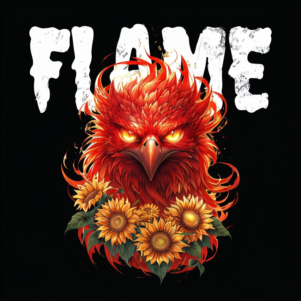 Vibrant Red Phoenix Head with Sunflowers T-Shirt
