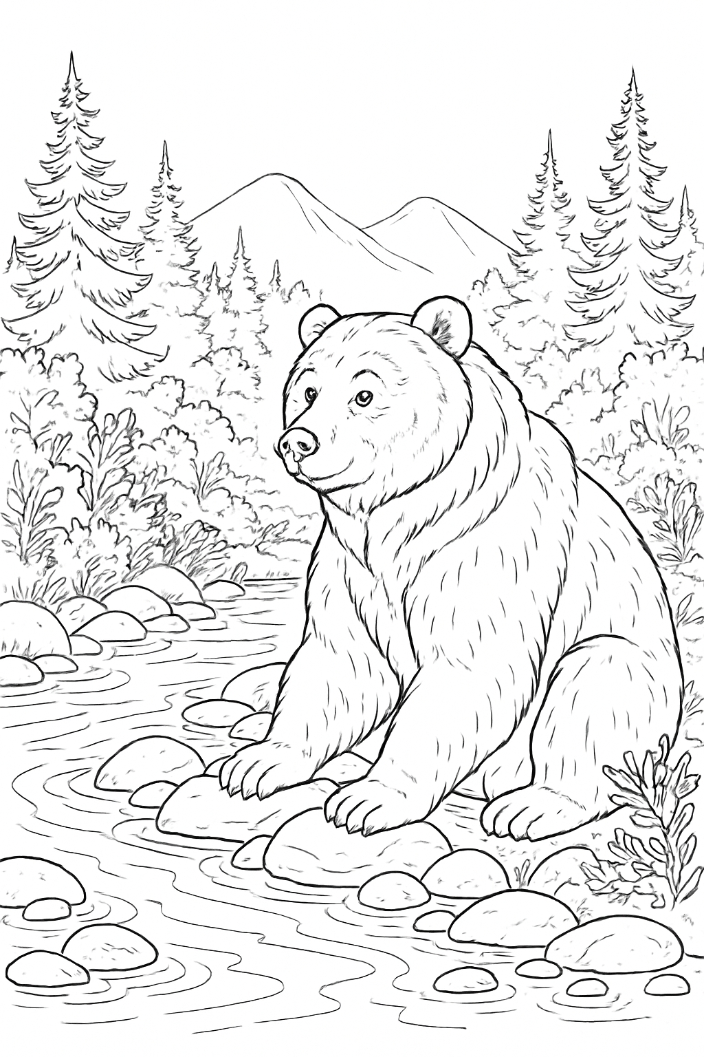 Serene Grizzly Bear in Wilderness Stream Line Drawing Coloring Book Pages