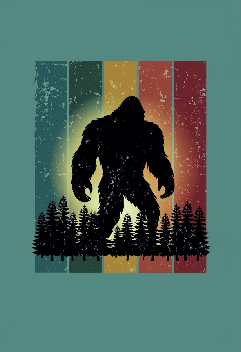 Retro Bigfoot Silhouette with Forest and Striped Background T-Shirt