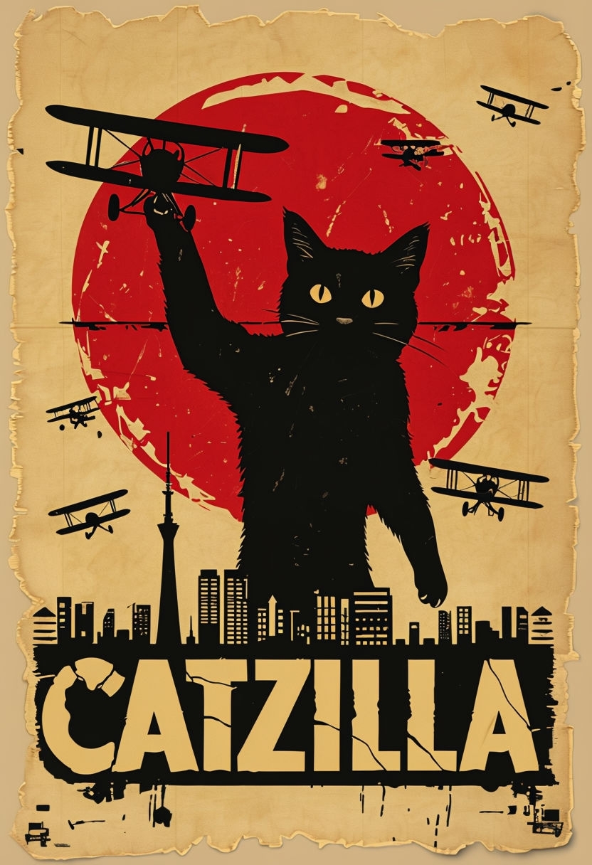 Vintage Catzilla Poster with Dynamic Black Cat Silhouette