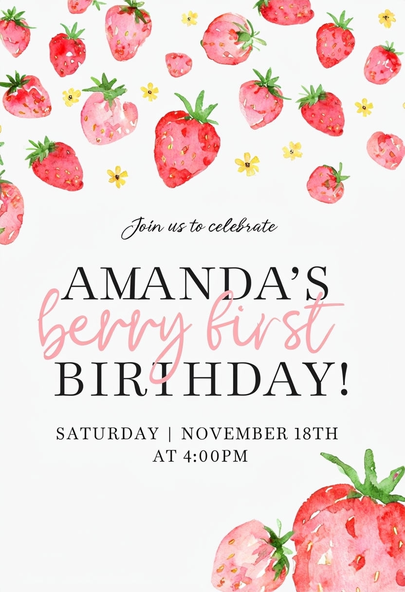Vibrant Watercolor Strawberry Birthday Invitation for Amanda's First Birthday Card