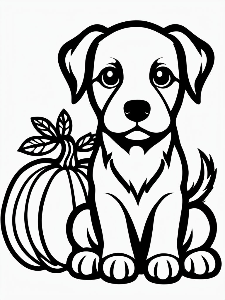 Black-and-White Puppy and Pumpkin Coloring Page Design Coloring Book Pages