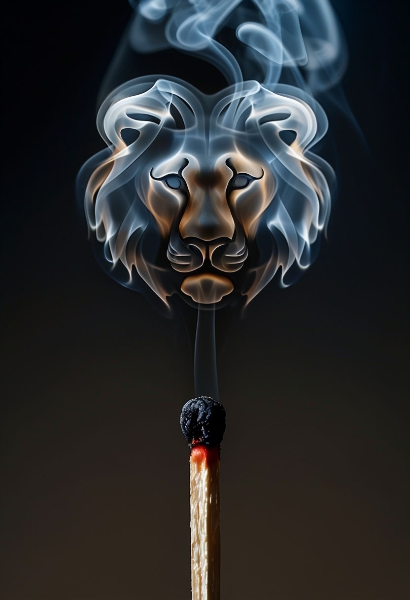 Intricate Lion Head Smoke Art from a Matchstick Photograph Poster