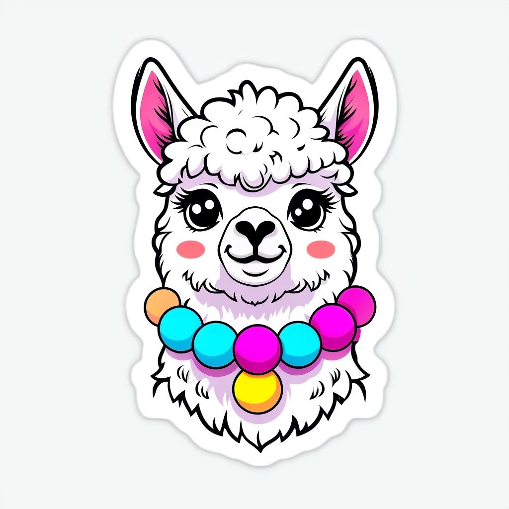 Adorable Cartoon Llama with Colorful Garland Sticker